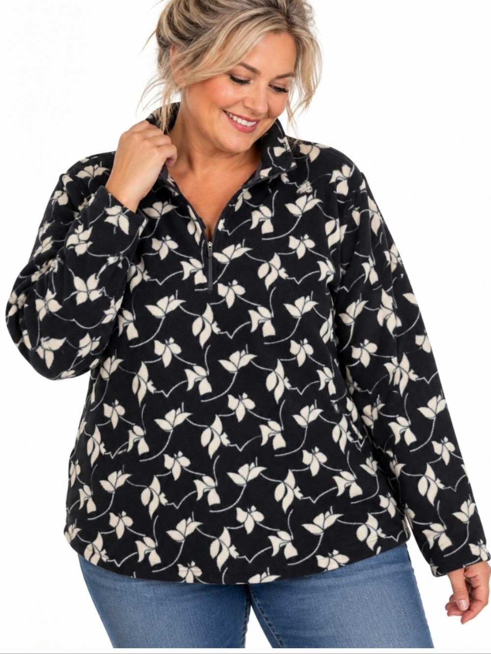 Lands’ End Women’s 1X Black Floral Fleece Quarter Zip Pullover Cozy Casual
